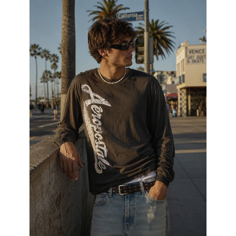 Aeropostale Graphic Long Sleeve T-Shirt Mens Size XL Brown Y2K Skater Cotton